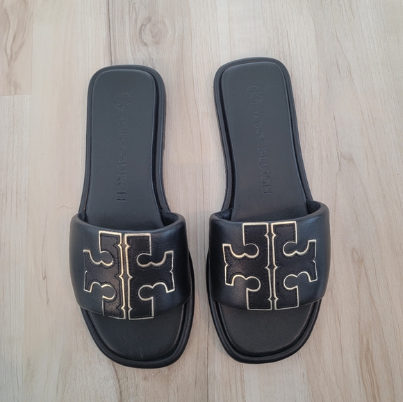 Tory Burch Black & Golden Double T Sport Slides - Picture 3 of 6